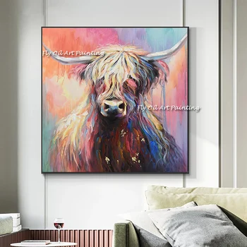 Голям Ръчно рисувани животни хладно краве масло Живопис върху платно Абстрактно изкуство Модерна живопис Платно изкуство Всекидневна Офис декор