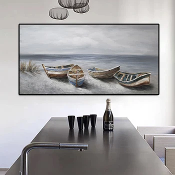 плажни лодки Ръчно рисуване Печат върху платно Синьо море пейзаж плакати Модерен стенно изкуство декор за хол картина голям размер