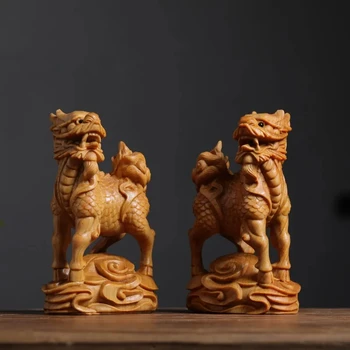 Чифт масивна дърворезба Kirin талисман орнамент, дървени ръчно резбовани, китайски стил дома декор фигурки, подарък занаяти