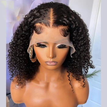 Soft Preplucked Natural Black Short Bob Kinky Curly Long Lace Front Wig 180% плътност за черни жени с BabyHair Glueless Daily