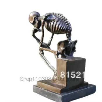 22.5CM Подписана изящна мраморна основа Бронзова статуя Скелет Мислител Художествена скулптура