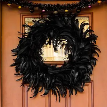 Закачалки за врати, подходящи за декорации за Хелоуин Елементи на ужасите фотографски реквизит Черен естествен венец от пера 35см диаметър