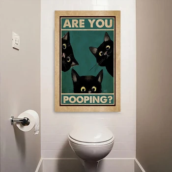 Акате ли плакат за баня Смешни баня знак платно печат сладък черна котка цитат изкуство за боядисване стена картина тоалетна декор