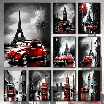 Ретро червена кола черно и бяло Париж Лондон пейзажна живопис стена изкуство платно живопис плакат за хол декорация на дома