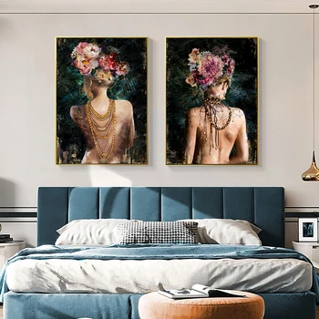 Цветна секси цвете жена платно живопис ретро абстрактно изкуство фигура плакат и печат с рамка модерна стена изкуство картина спалня