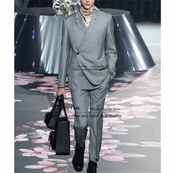 Модни сиви мъжки костюми назъбени ревера един бутон младоженец сватба смокинги 2 броя комплекти мъжки абитуриентски блейзъри Slim Fit Terno Masculino