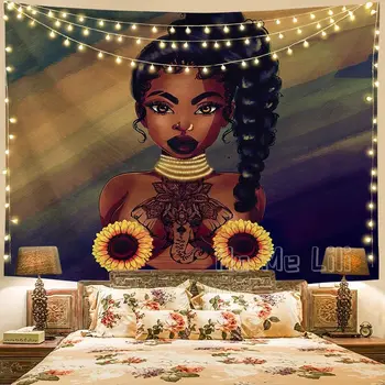Черно момиче жени със слънчоглед магия стена гоблен стена висящи стена изкуство декор за спалня хол общежитие стая