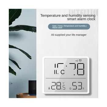 Цифров хигрометър термометър с часовник за монитор за влажност на часовника Аларма за домашна офис бебешка стая, както е показано