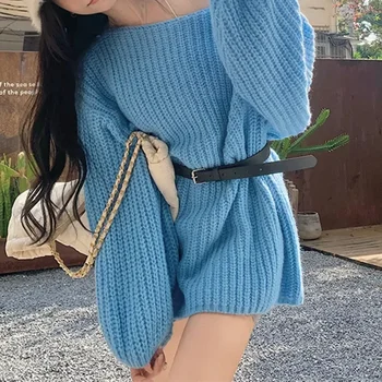 Жени корейски кръг врата трикотажни средата дължина пуловери пуловери стегнат талията колан пълен ръкав дебел снаждане отгоре есен зима
