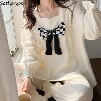 пижама комплекти жени твърди прости всички мач пролетта стилен комфорт личността нежна сладък корейски стил млади реколта нови дами
