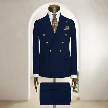 Fashion Navy Blue Suits For Mens Double Breasted Business Blazer Wedding Groom Tuxedo 2 Piece Set Jacket Pants Costume Homme