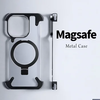 Алуминиева сплав магнитна стойка без рамки телефон случай за iPhone 13 14 15 Pro Max 15Plus метален обектив черупка матирано матово задния капак