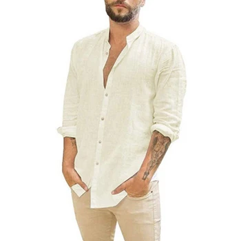 2023памук бельо гореща продажба мъжки ризи с дълъг ръкав лято плътен цвят стендъп яка случайни плаж стил плюс размер S-3XL