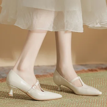 Заострени обувки Дамски тънки къси пети плътен цвят нисък ток офис обувки жени парти обувки